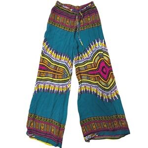 Earthbound Trading Co Teal Dashiki Print Wide Leg Boho Pants Large